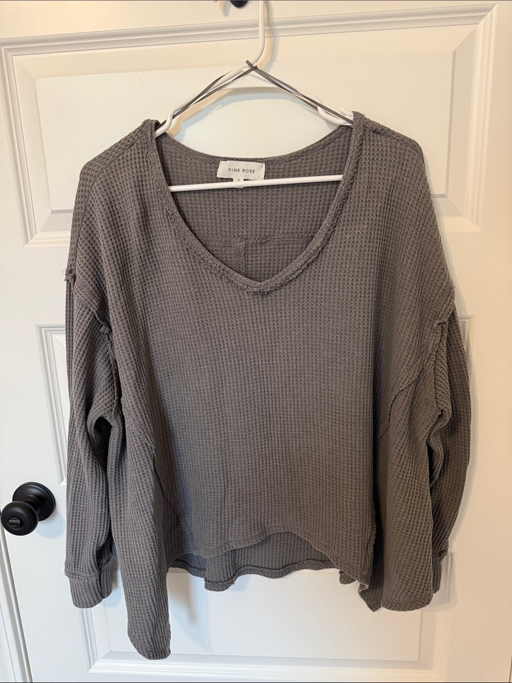 Pink Rose Washed Gray Waffle V-Neck Pullover